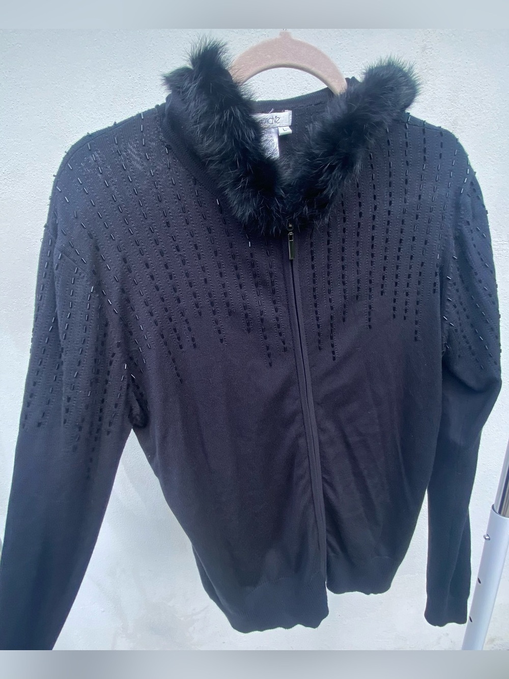 Y2K Caché Silk Blend Black Knit Beaded Rabbit Fur Hooded Jacket Large